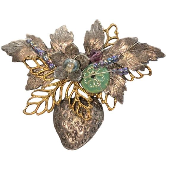 Cara Stimmel Ltd Leaves Strawberry Two Tone Brooch - Picture 4 of 5